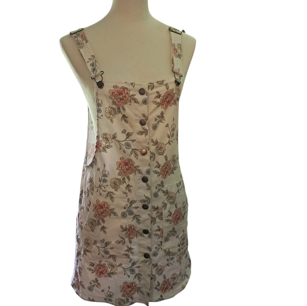 Cotton Floral Overall Bibs Dress Button Up
